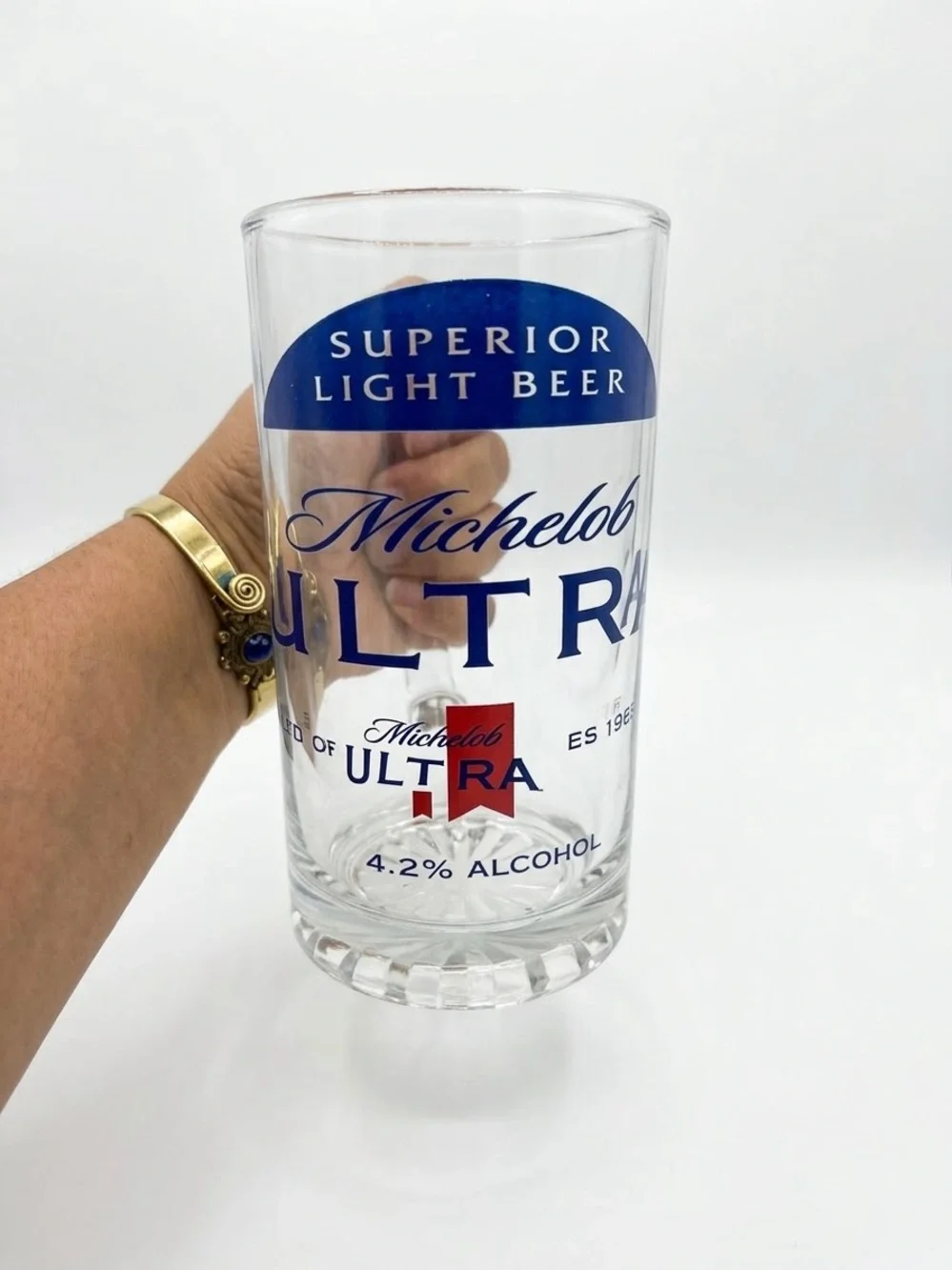 Michelob Ultra Branded Beer Glass - Blue & Gold Accent w/matching coaster, NEW